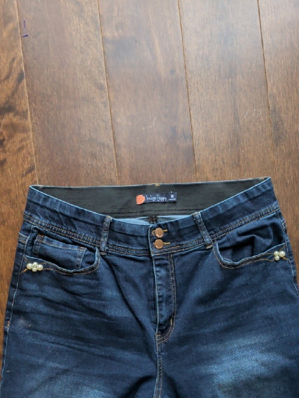 Dark Blue Stretch Wide-Leg Jeans with Subtle Fading - Picture 2 of 4